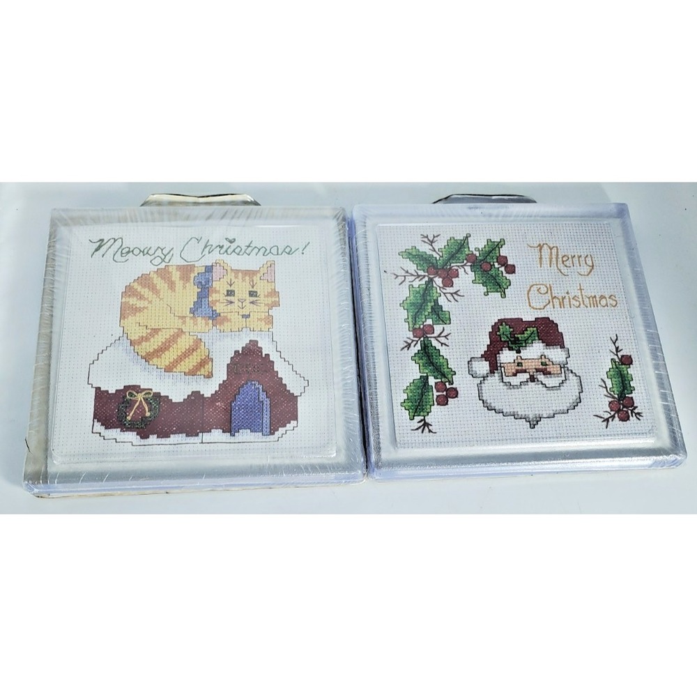 Merry Christmas Santa & Kitty Cat Counted Cross Stitch Hot Plate Kit‎ Lot of 2